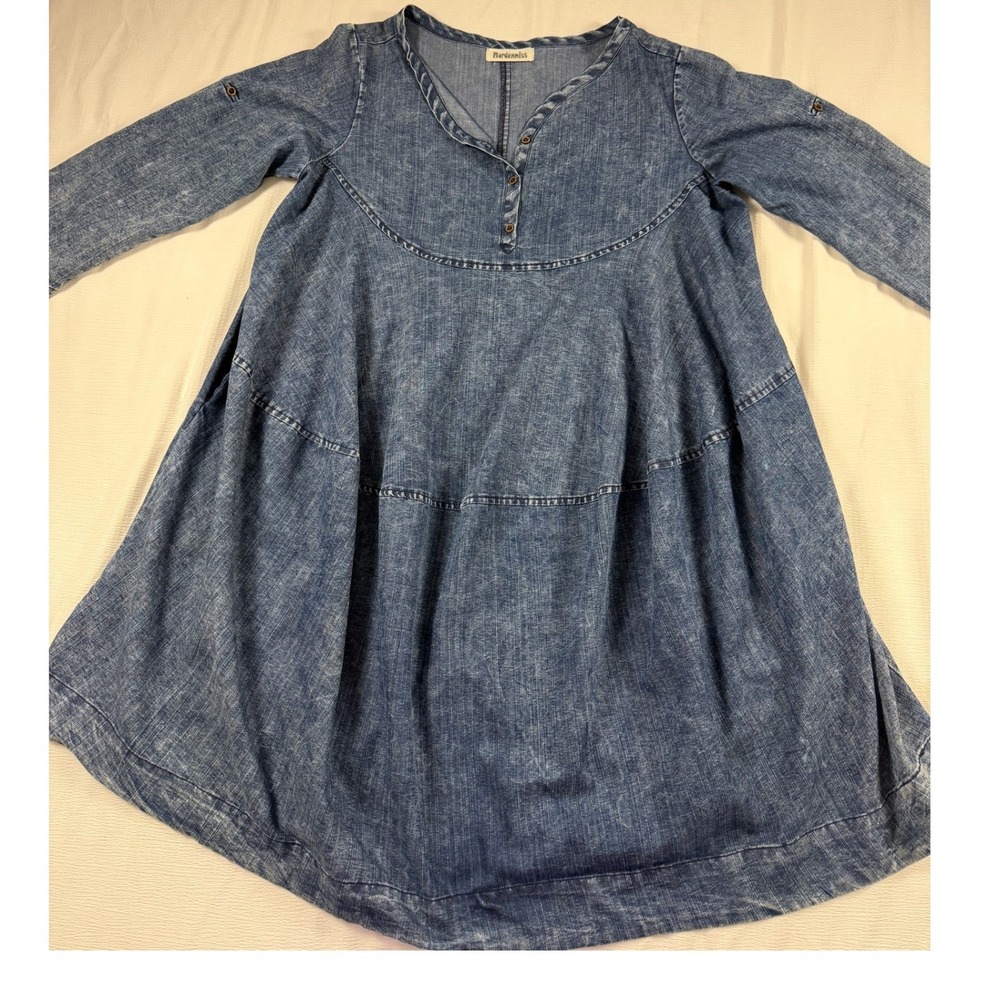 Mordenmiss Blue Denim Tunic Dress Long Sleeve Henley Lagenlook Medium Wash XL
